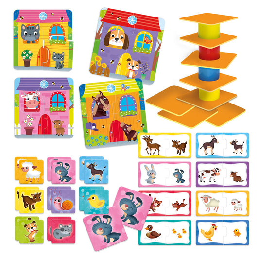 מארז הכולל ארבעה משחקי התפתחות שונים בנושא חיות
פאזל, משחק זיכרון, התאמה ומישוש בחבילה אחת
מפתח חשיבה קוגניטיבית ומוטוריקה עדינה