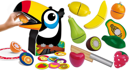 לוח משחק בצורת טוקאן עם חריצים להכנסת מאכלי ארוחת בוקר מעץ
הילדים מזינים את הטוקאן במאכלים הנכונים לפי צבע וצורה
מעודד מוטוריקה עדינה, זיהוי צבעים ומשחק דמיון